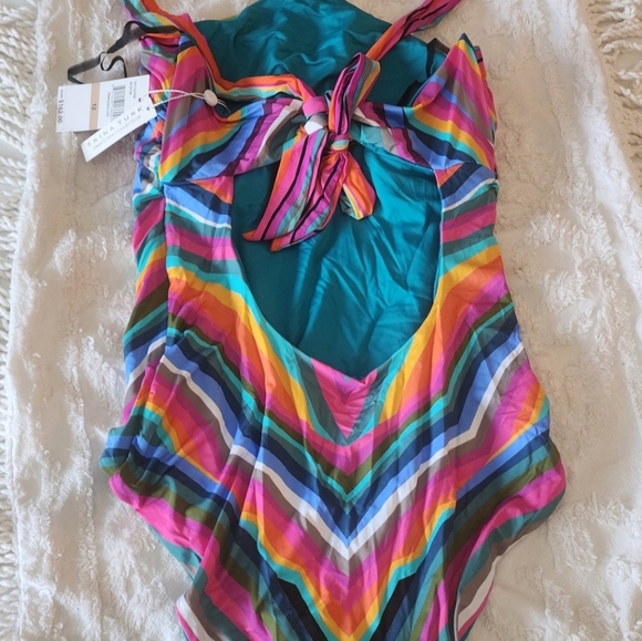 Trina Turk Louvre Reversible Multicolor and Teal Halter One-Piece Swimsu… - Picture 6 of 9